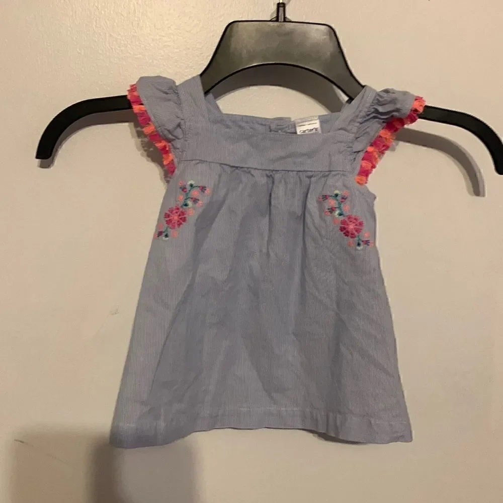 Carters EUC blue/white striped dress with neon floral/fringe detail Size 3 mo